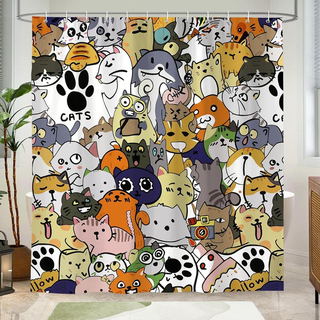 Cute Cartoon Cats Shower Curtain Fun Animal Design Bathroom Decor Kawaii Theme Waterproof Bath Curtain
