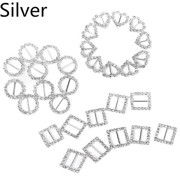 10Pcs Heart Round Square Shape Ribbon Buckle Sliders for DIY Craft Card Invitation (Silver)