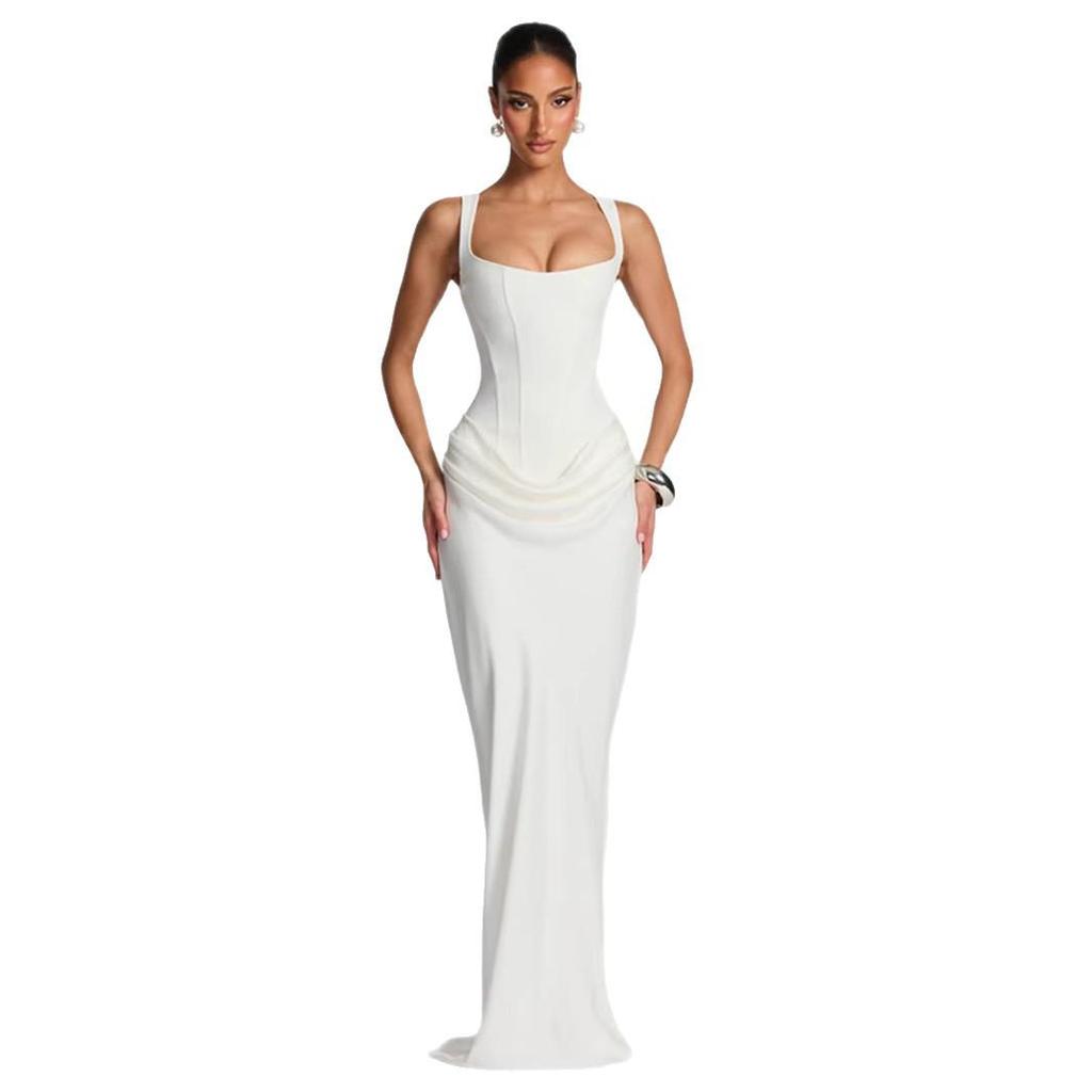 2026 European Style Spring Solid Color Sleeveless Slim-fit Pleated Square Neck Dress
