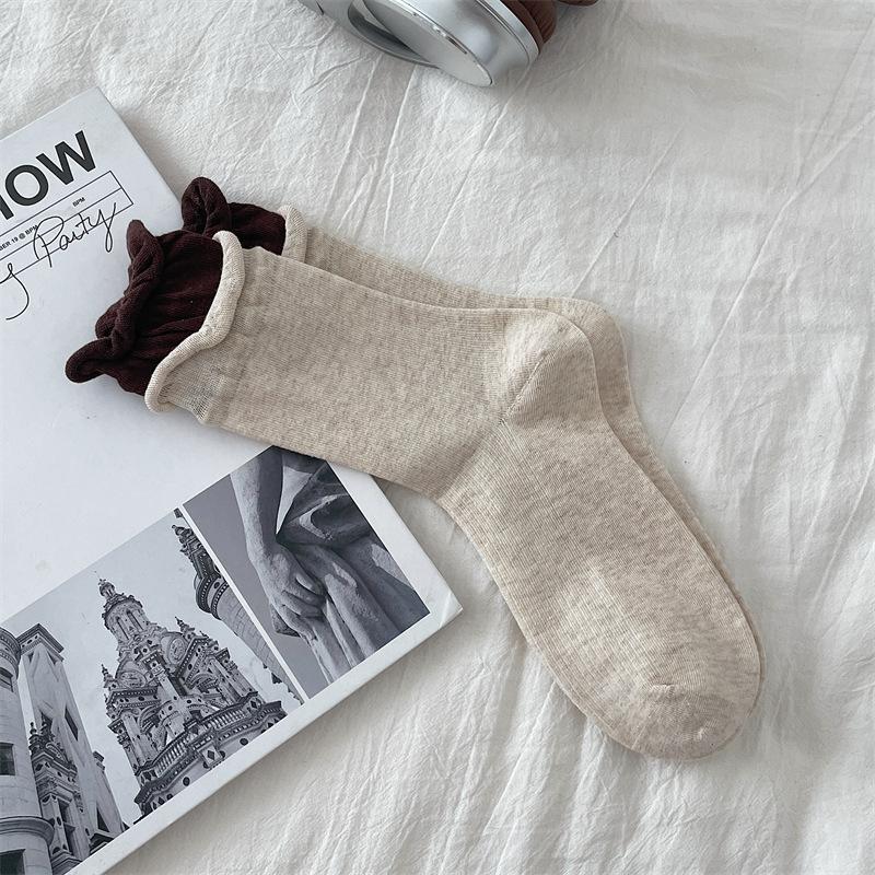 Korean Angola Red And Fake Two-Piece Contrasting Socks, Double Luo Kou Color Matching Stacking Socks, Pure Cotton Boneless Medium Tube Socks