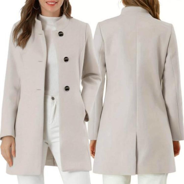 Winter Women Overcoat Stand Collar Long Sleeve Warm Thick Mid Length Coat with Pockets Fall Lady Jacket Neck Protection Single Breasted