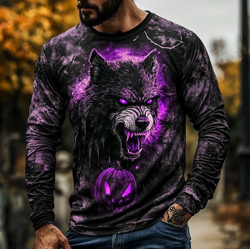 Herren Langarm-T-Shirt Horror-Kreatur 3D-Druck Gothic-Stil Halloween-Party Tägliches Streetwear Lässiges Oberteil