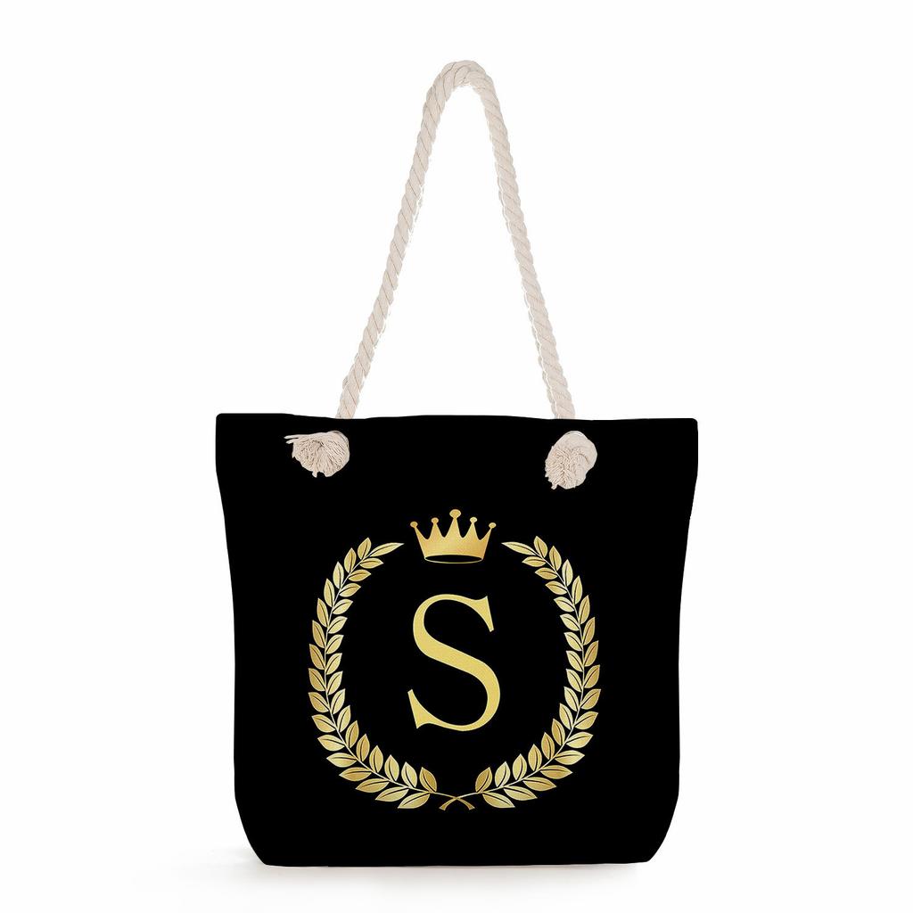 Black letters on a black background print thick rope single-shoulder beach bag 7289 CLE