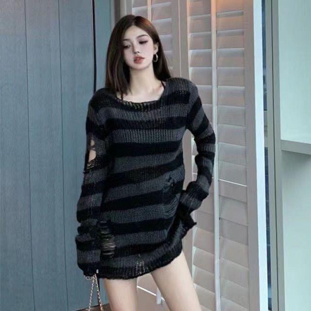 Unisex Punk Striped Gradient Ripped Knit Sweater