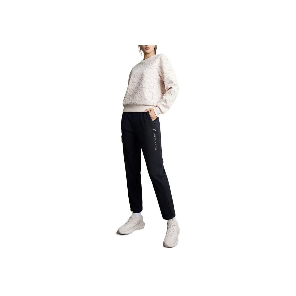 Anta Solid Color Logo Fleece Straight Leg Sports Pants Women bottoms Black 162247326-1