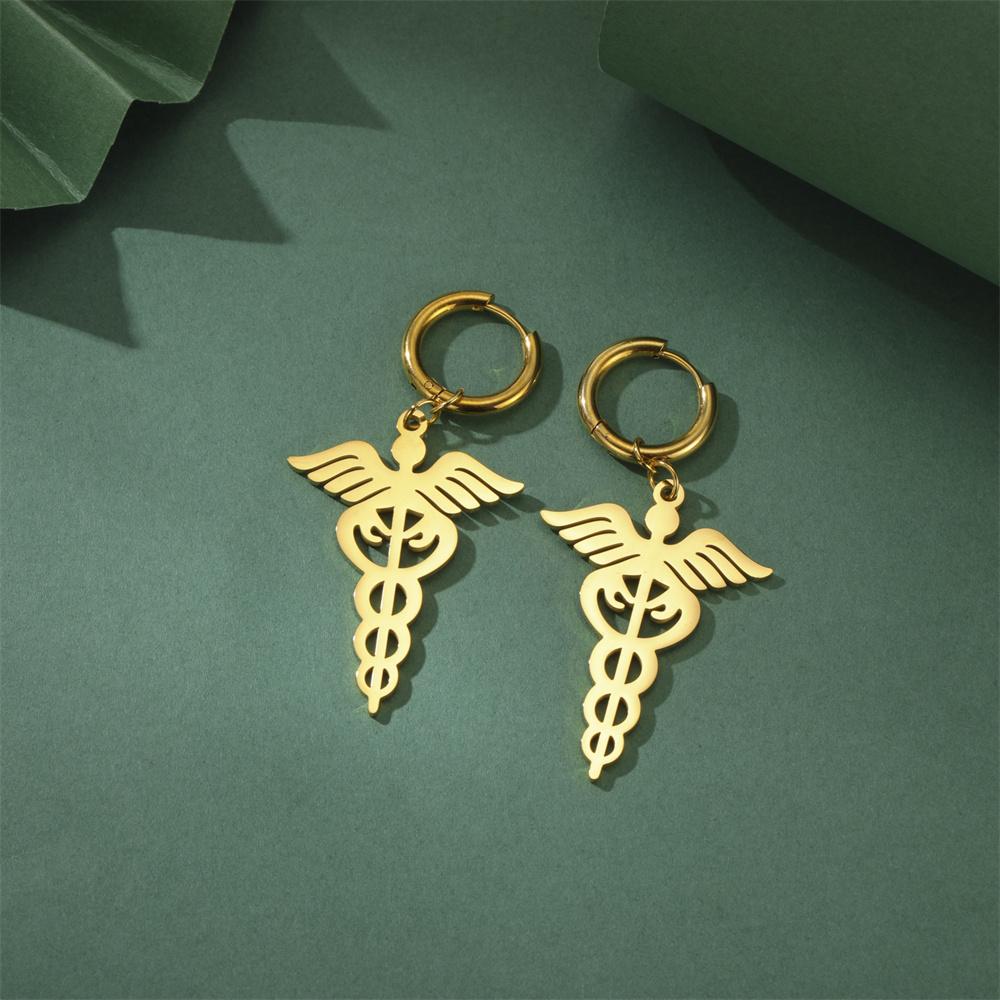 My Shape Caduceus Drop Earrings Medical Snake Scepter Wings Stainless Steel Pendents Necklace Nurse Doctor Medical Jewelry Gifts