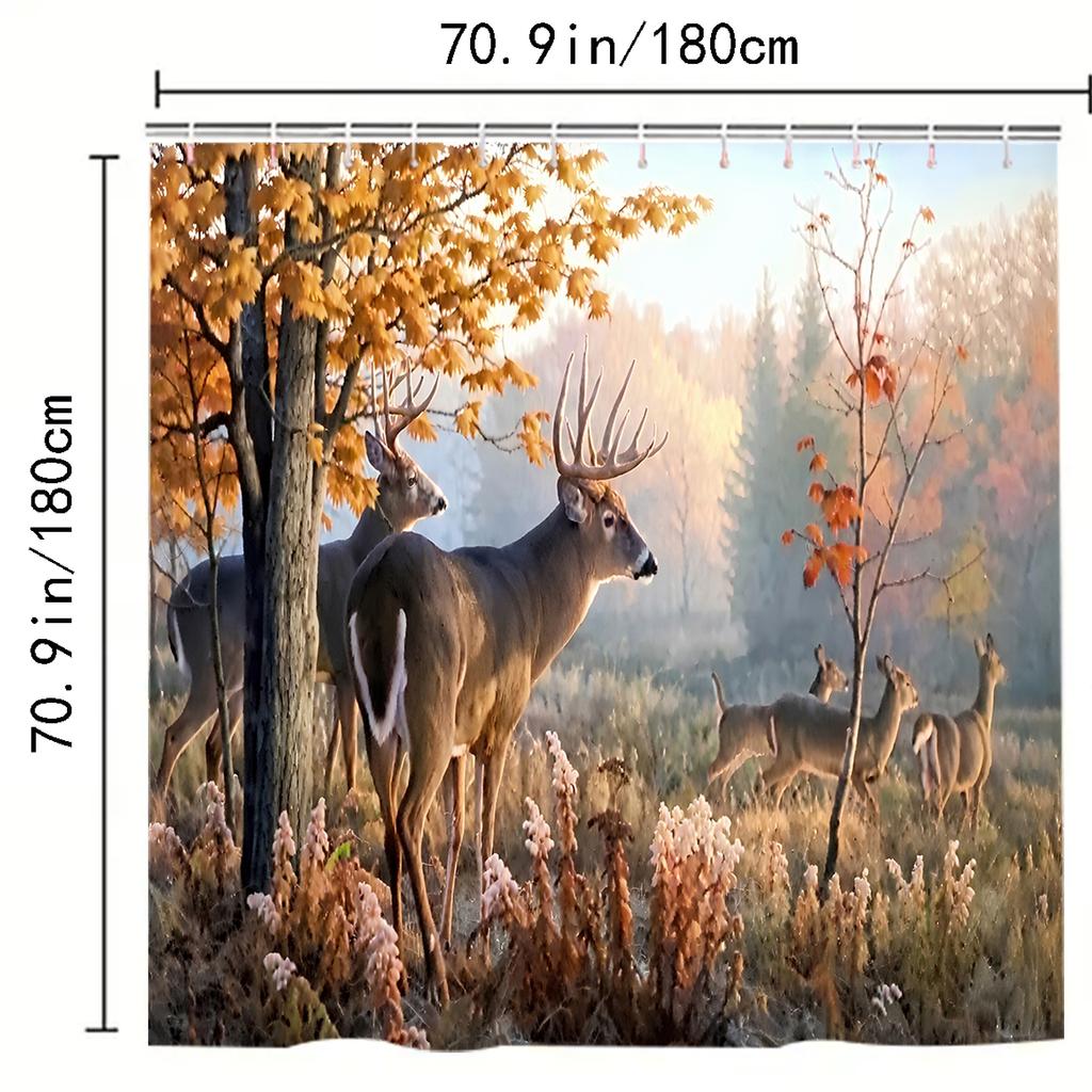 1Pc Shower Curtain - Autumn Forest With Deer In A Serene Woodland Scene For A Nature-Inspired Bathroom Waterproof