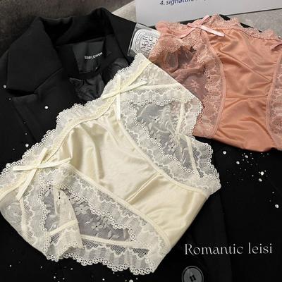 Chiloți Sexy din Satin și Dantelă pentru Femei, Talie Joasă, Bumbac Pur în Zona Intimă, cu Fundiță