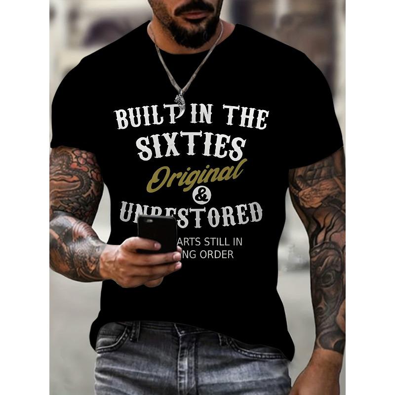 

European sizes Built In The Sixties Print Men s Plus Size Short Sleeve Crew Neck T-Shirt, Casual Lightweight Tee, Stylish Breathable Top 4XL чорний