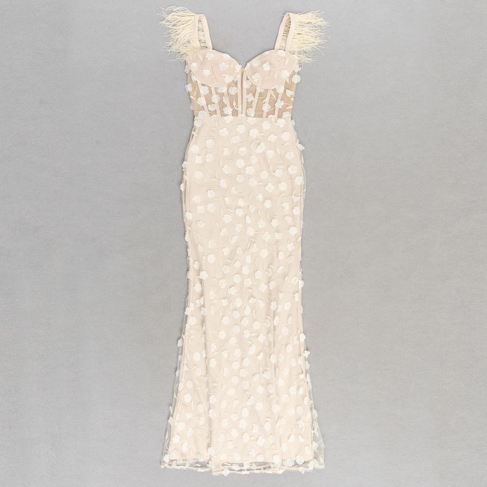 Elegant European & American Lace Fishtail Evening Dress with Feather Strap - Slim Fit, Sophisticated Socialite Style.