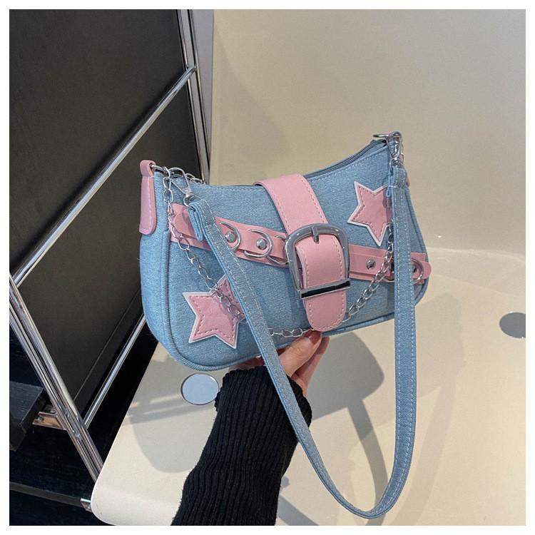 2024 Women's Spring Korean Style Armpit Bag Street Chic Denim Shoulder Bag Casual Small Square Bag Trendy Chain Bag Black