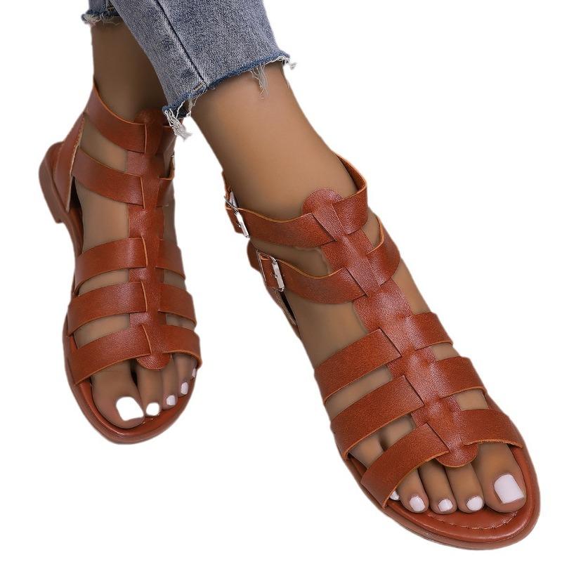 Flat bottom woven bandwidth strip sandals women's flat bottom one-word buckle student sandals daily wear beach sandals
