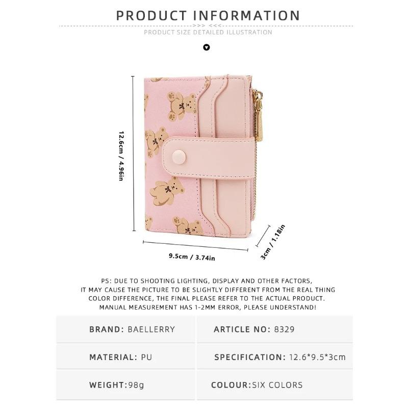 Damen-Geldbörse mit Cartoon-Teddybär-Motiv, großem Münzfach mit Druckknopfverschluss, faltbarer, multifunktionaler Clutch