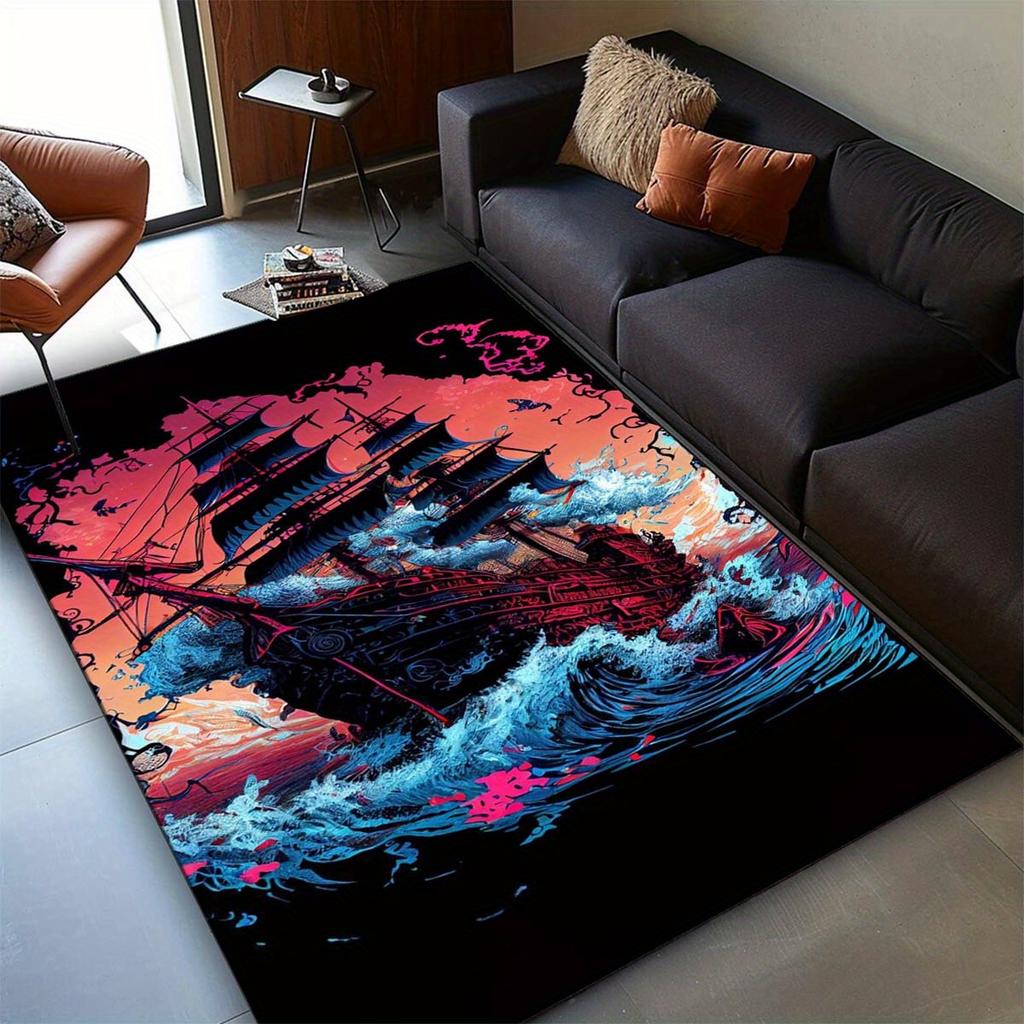 Pirate Ship Graphic Area Rug -  Polyester Non-Slip Floor Mat for Living Room, Bedroom, Dining Room - Large Size
