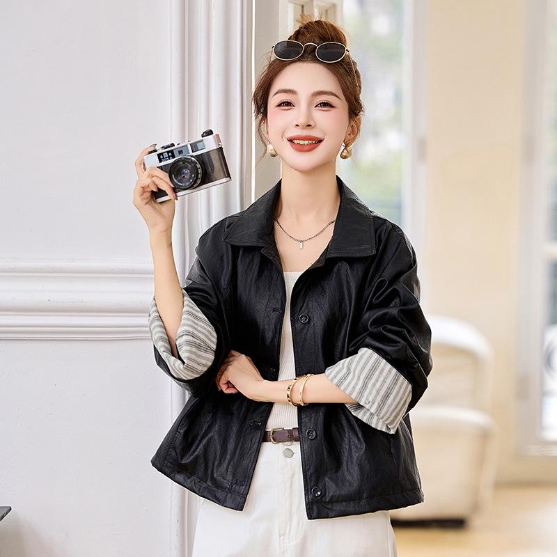 Women's Retro High-End Black Leather Jacket with Spliced Cuffs - Spring 2025 Collection (YB8859)
