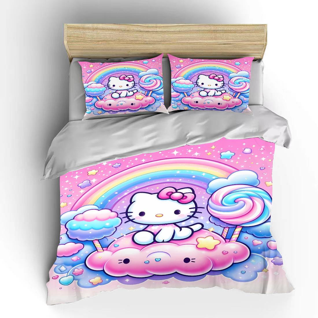 

Hello Kitty Sanrio Постільна білизна Комплекти Покривало на ліжко Покривало на ліжко Підковдра Наволочка Набори з 2-3 предметів Милий Декор для спальні AU Double180x210cm