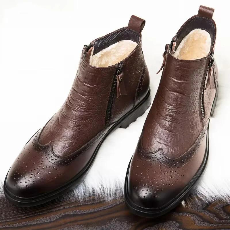 Fashion High Quality Genuine Leather Chelsea Men's Boots Luxury Brand Brogue Shoes Men Fashion Casual Warm Plush Ankle Boots Snow Boot