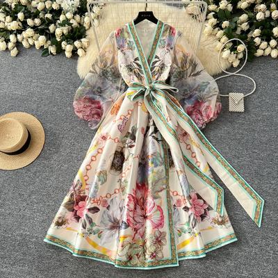 France Elegant Vintage Palace Evening Dress Women Sashes Mesh Print Long Party Dress Female Casual Chic Festival Clothing New