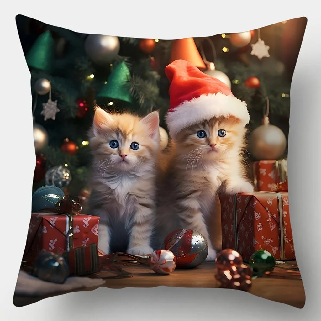 Christmas Santa Hat Kittens Pillow Cover, Festive Home Decor Pillowcase One-side Printed 1PC