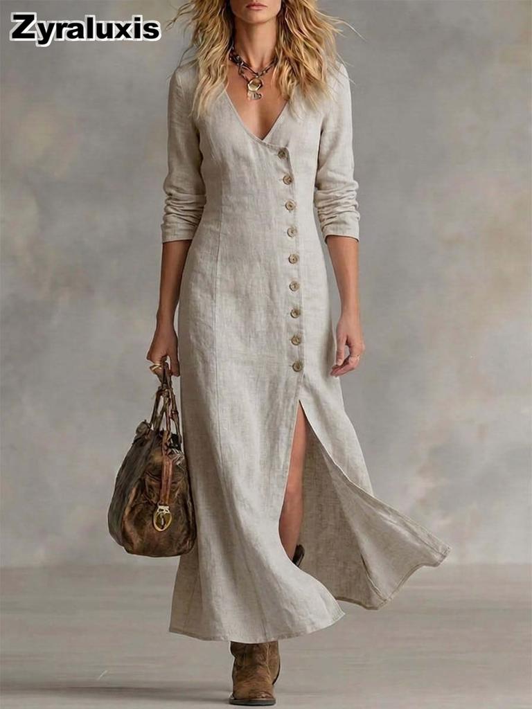 New Spring Summer Fashion Casual Cotton Linen Long Sleeve Buttoned Collar Women's Dress