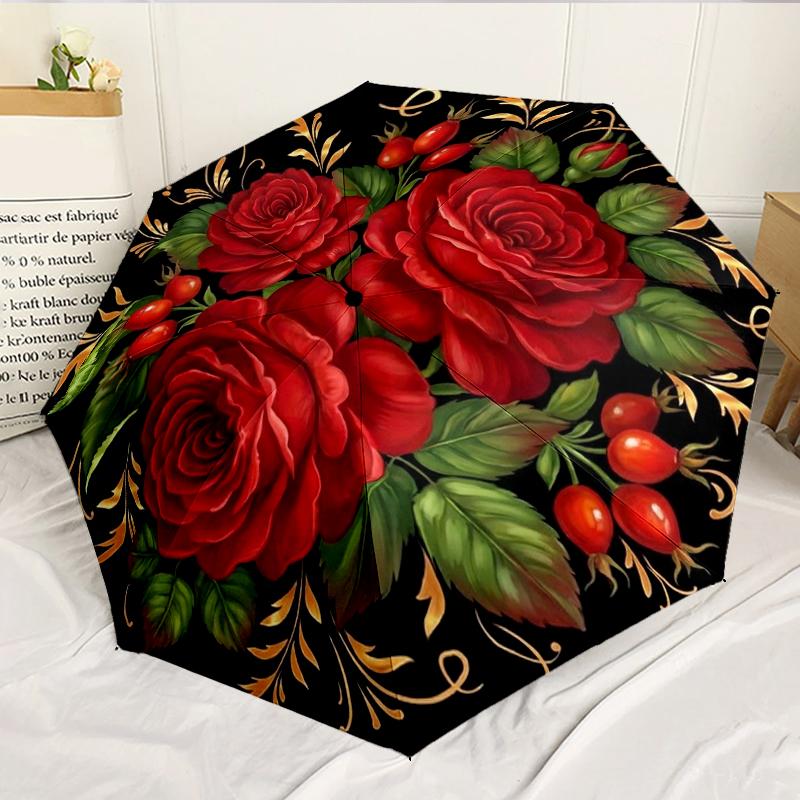 Roses And Berries Design 8-Frame for Travel, Camping, Casual Lightweight Portable Umbrella, Essential for Every Family Holidays Birthday Gift