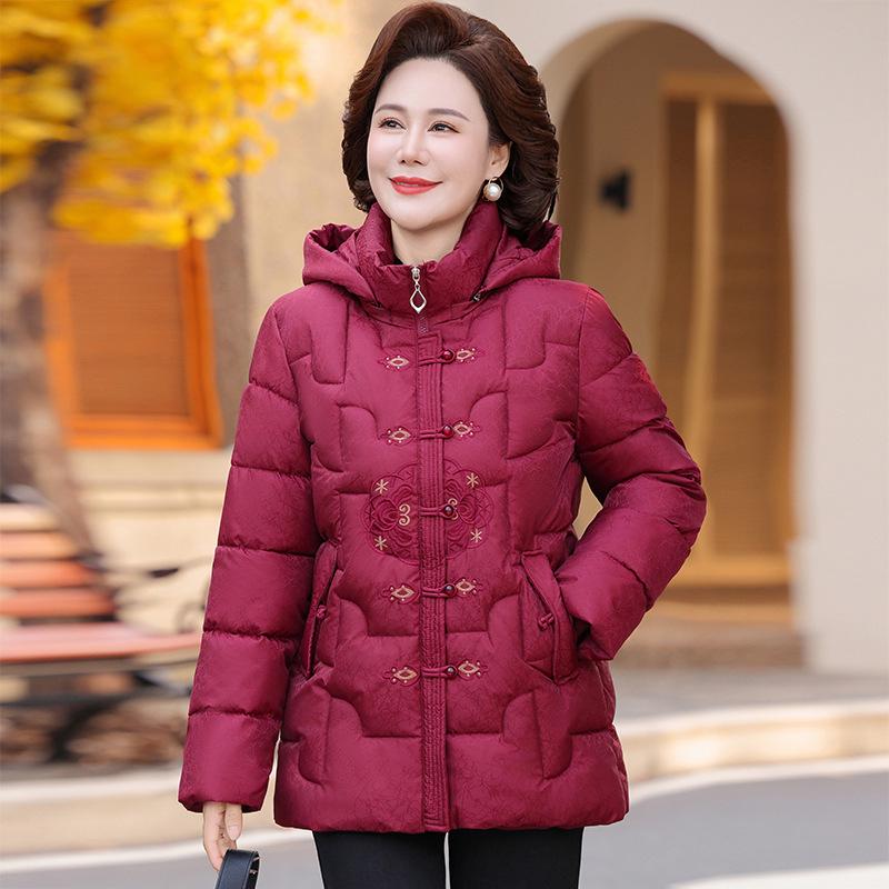 

Elegant Embroidered Cotton Coat - Mom s Plus Velvet Winter Jacket with Hood for Middle-aged Women 5XL (150-165 jin) красный