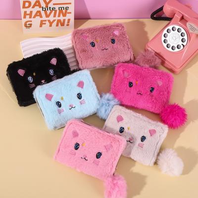 Girl's Cute Cartoon Embroidered Cat Wallet Plush PU Leather Money Coin Pouch Short Zipper Handbag Wallet ID Credit Card Holder
