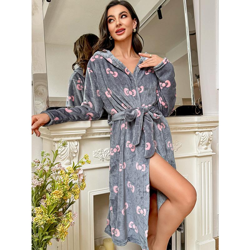 Autumn Winter Loose Blue Long Rest Nightgown Coral Fleece Bathrobe Women Hooded Warm Kimono Bath Robe Cozy Kimono Shower Robes