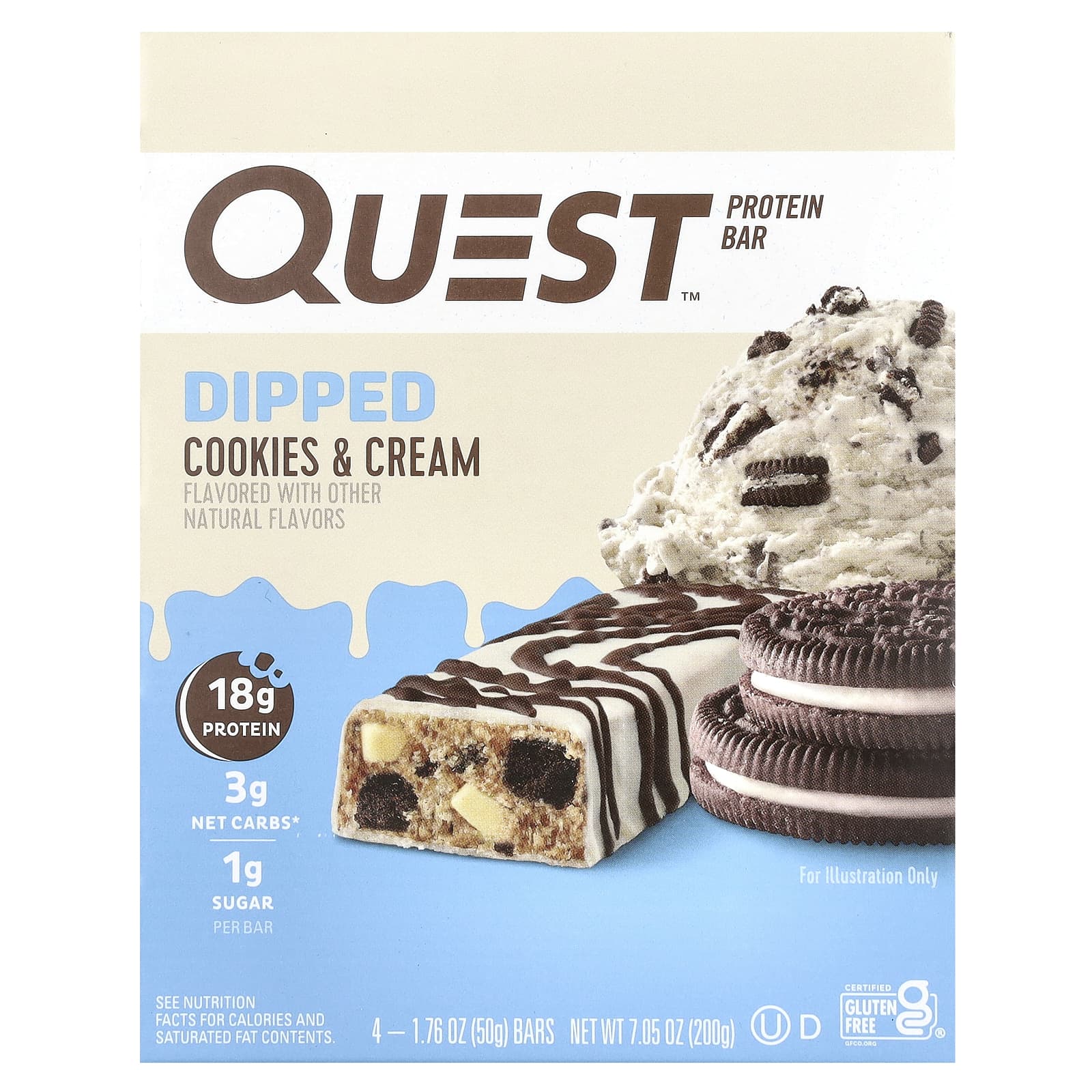 

Quest Nutrition, Protein Bars, Dips, Cookies & Cream, 4 bars, 50 g (1.76 oz) each