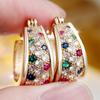Small Round Stone Rainbow Zircon U Shaped Hoop Earrings For Women Vintage Gold Color Ear Buckle Wedding Jewelry Engagement Gifts