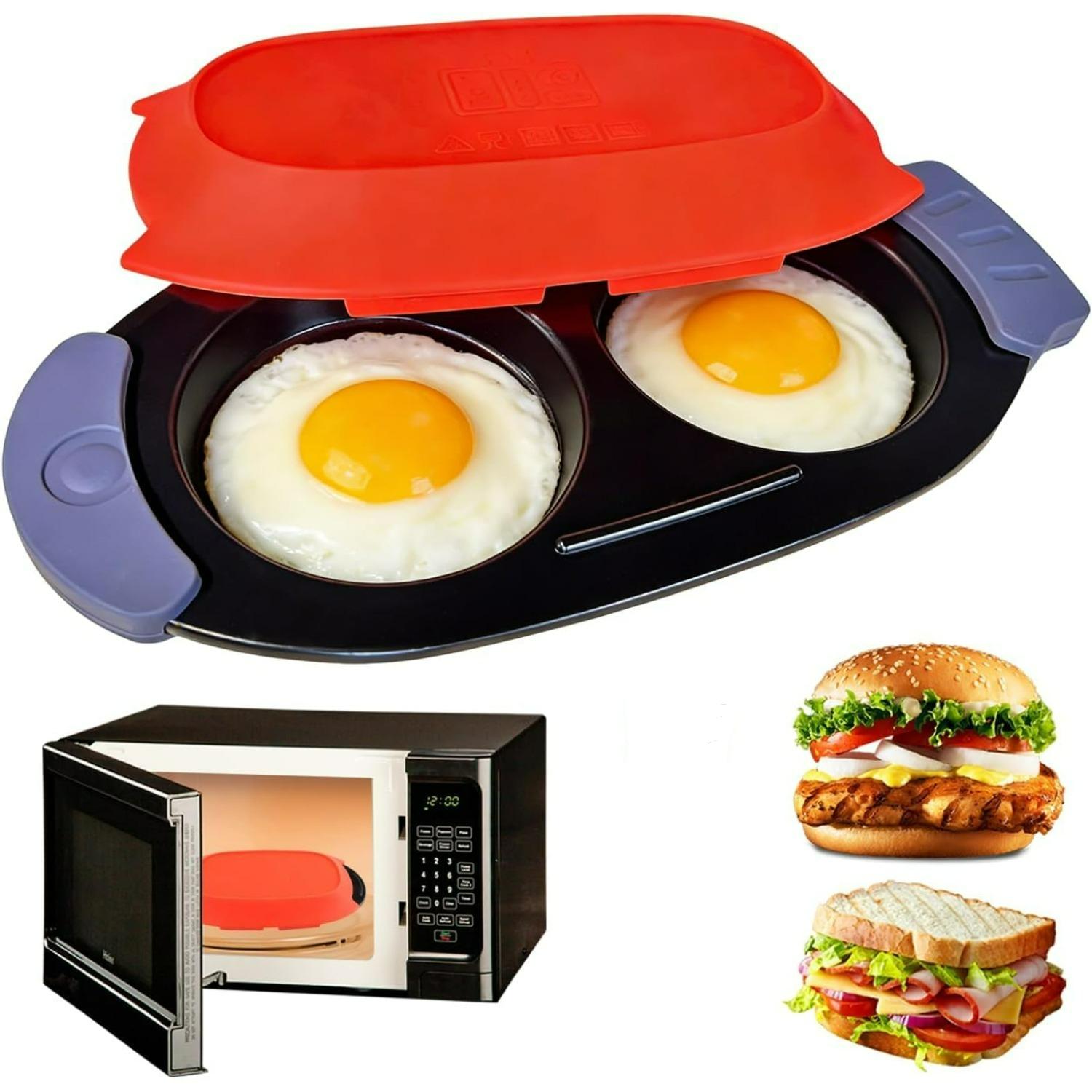 Quick-Heat Microwave Egg Cooker,Multi-Use Egg Poacher/Fryer for Breakfast Sandwiches,Double Egg Cooker with Silicone Spatula,Dishwasher-Safe,Save Time красный/чёрный