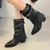 2025 New Metal Belt Buckle Block Heel Single Boots Women's Fashion Pointed Toe Sleeve Pleated Mid-Cylinder Stack Boots
