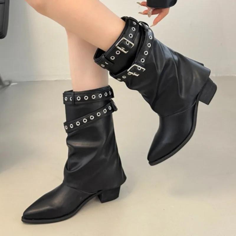2025 New Metal Belt Buckle Block Heel Single Boots Women's Fashion Pointed Toe Sleeve Pleated Mid-Cylinder Stack Boots