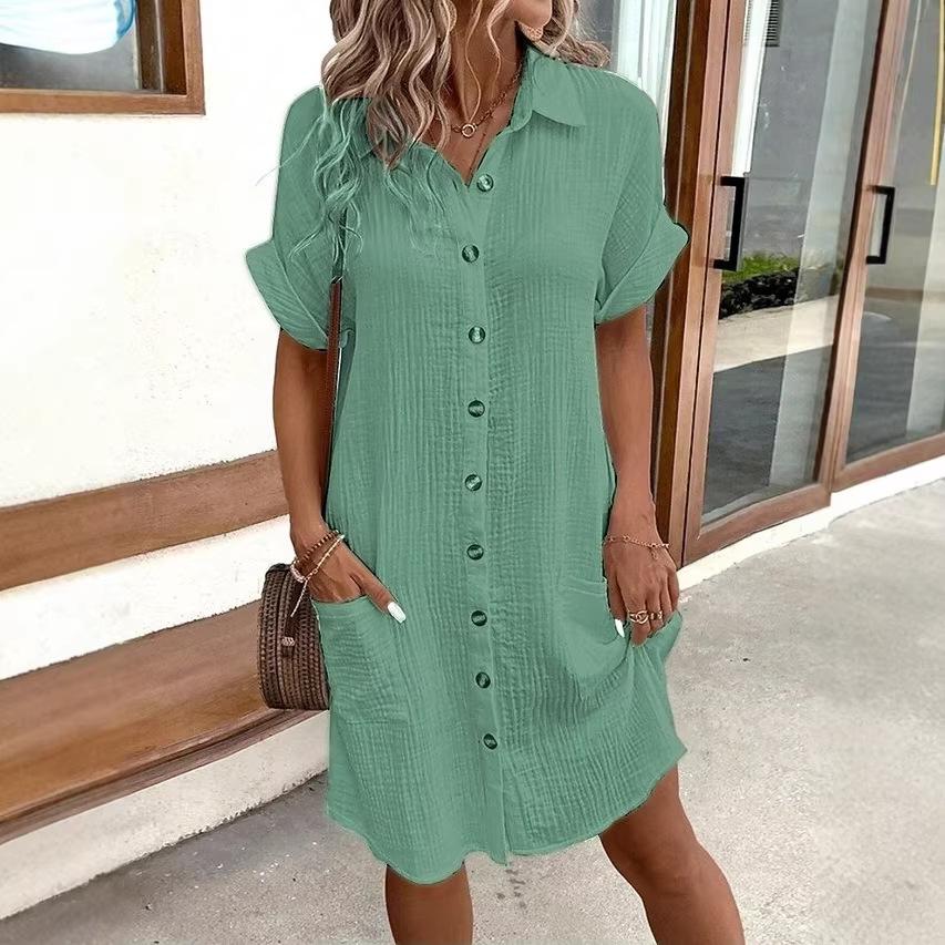Casual solid color single-breasted medium and long short-sleeved loose casual dress women's clothing