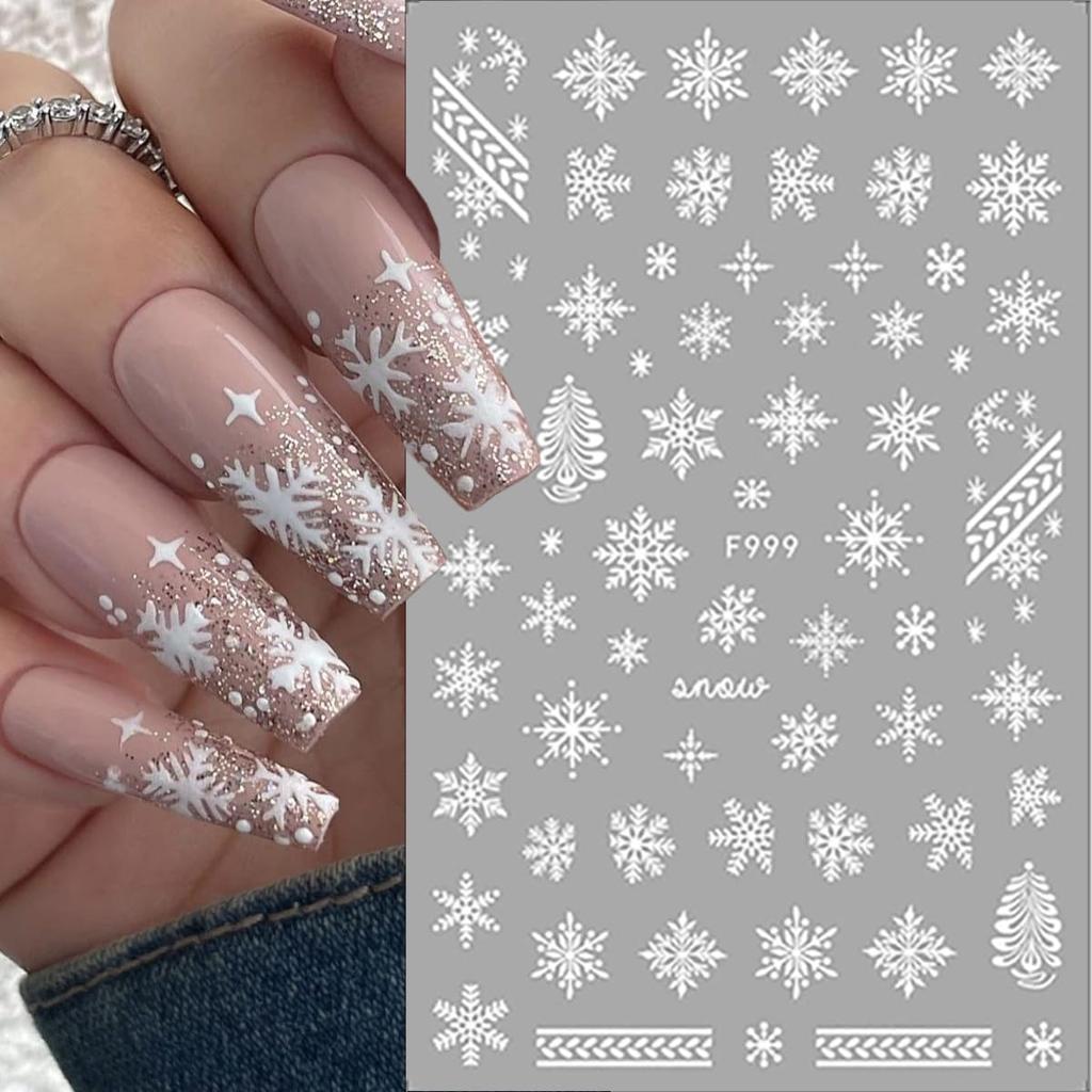 4 Sheets Christmas Nail Stickers for Nail Art 3D Self-Adhesive White Snowflake Nail Art Stickers Winter Xmas Tree Elk Design French Tip Nail Decals