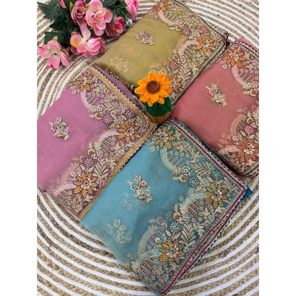 Premium soft zippy silk with c pallu multi thread and zari embroidery work with readymade lace and piping border