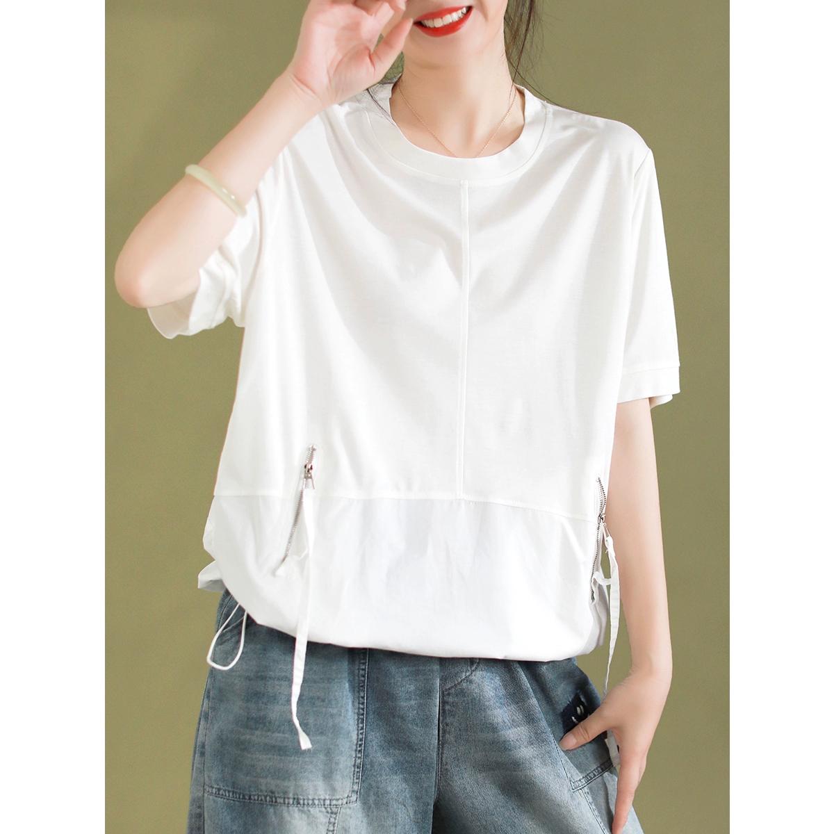 

DIMANAF 2025 Летняя однотонная футболка больших размеров для женщин с коротким рукавом и длинными пуговицами, свободные топы, футболки One size белый