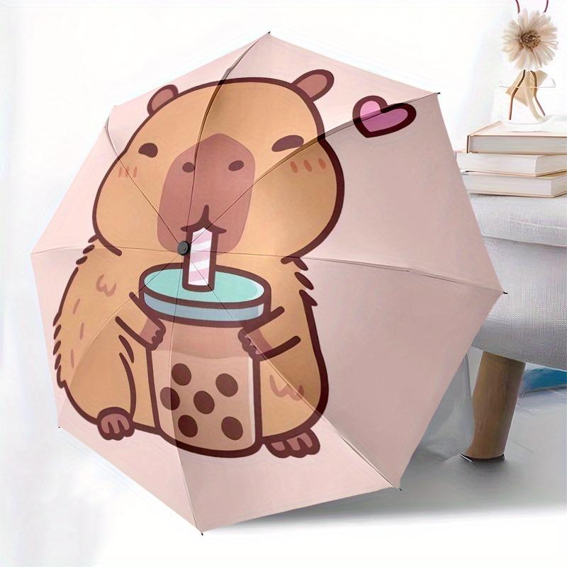 Capybara,Bubble Milk Tea Automatic Folding Umbrella Simple 8 Rib Design, Bright Cartoon Pattern, Durable Iron Frame, Suitable For Travel, O