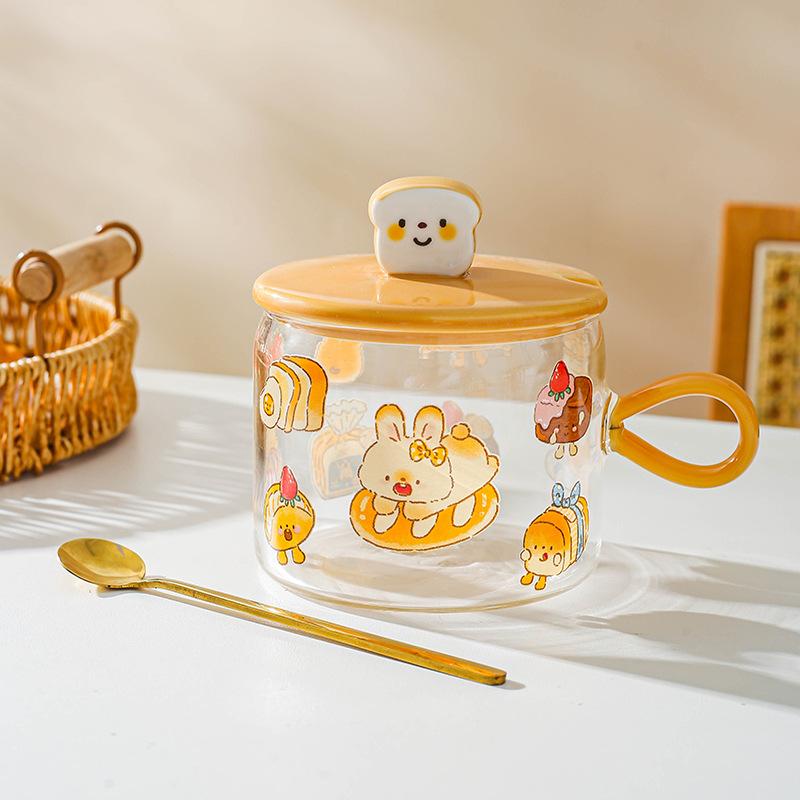 Creative High Borosilicate Glass Cup Heat Resistant Mug Couple Cup Cute Coffee Cup Large Capacity Breakfast Cup with Lid Spoon