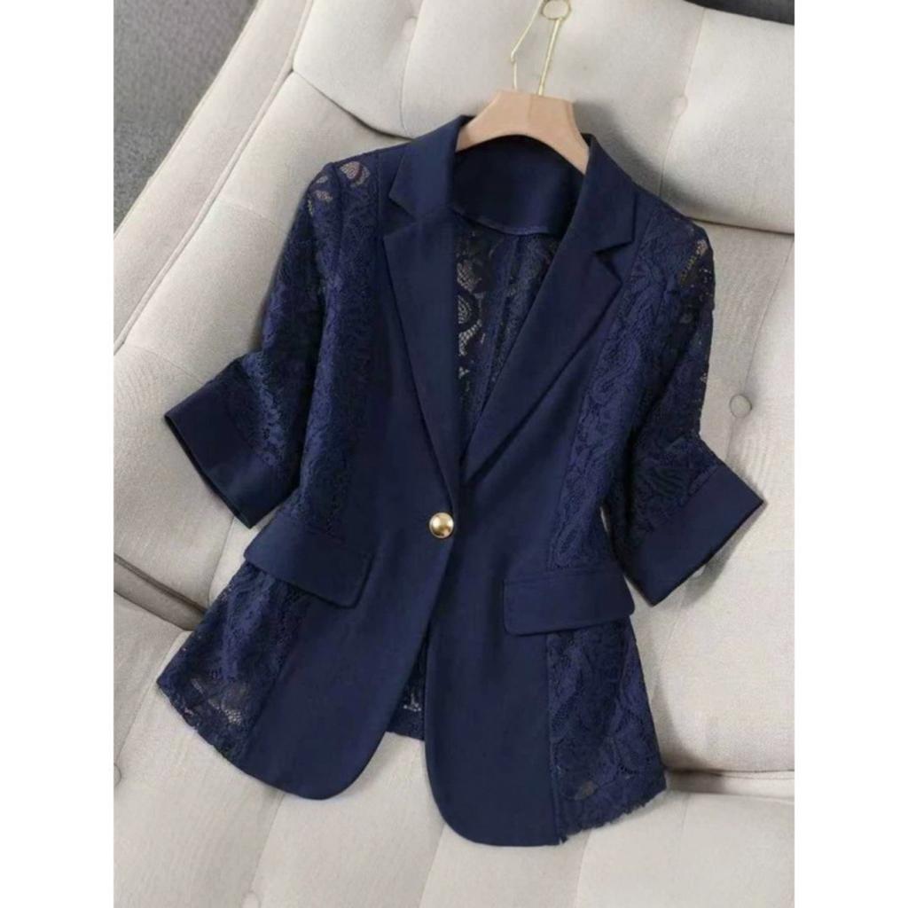 Spring New Women's Elegant Solid Color Fashion Lace Splicing Blazer Coat Casual Outerwear