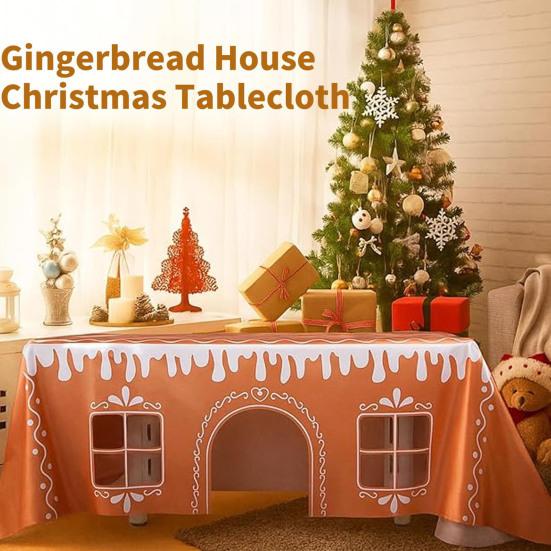 Gingerbread House Christmas Tablecloth Reusable Washable Gingerbread Playhouse Table Cover with Playful Cut-Out Windows for Dining Room Kitchen Party