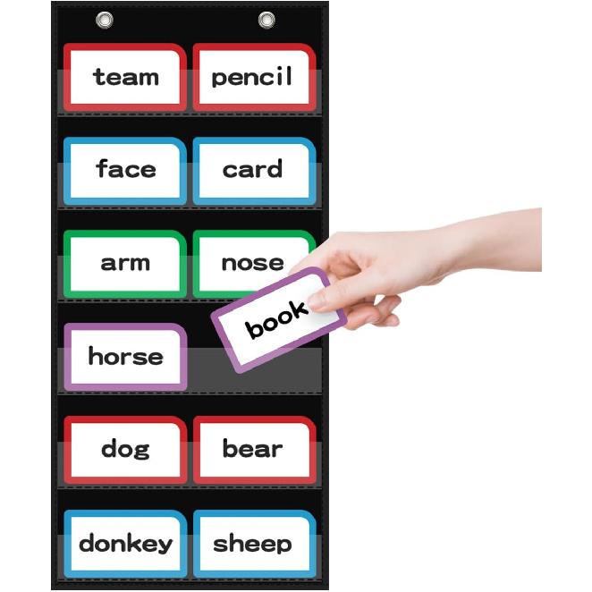 10”W x 48.25”H Classroom Words Pocket Chart with 12 Clear Pockets, Black Standard Pocket Chart for Classroom and Home for Sentence Strips, Reble