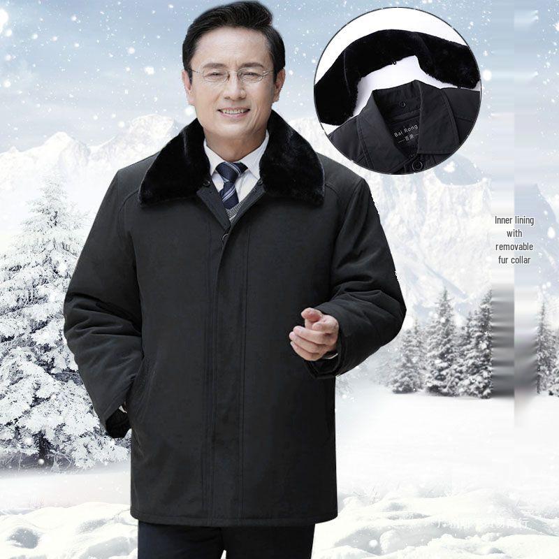 Mid-length Men's Winter Jacket: Warm, Thickened Cotton with Velvet, Genuine Product for Middle-aged and Elderly.