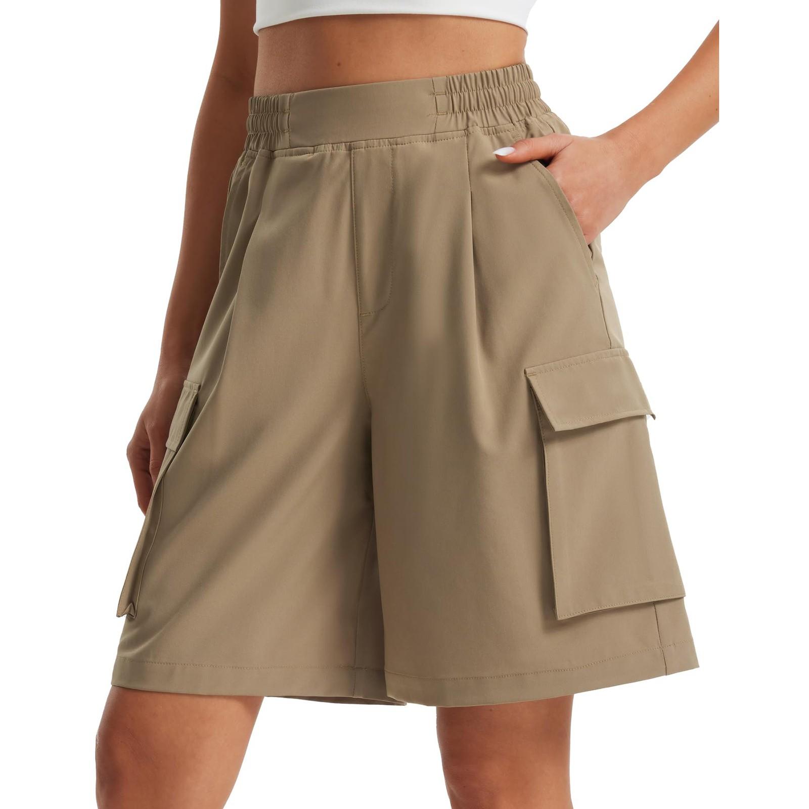 

Женские шорты с широкими штанинами, длиной до колена, с высокой талией, легкие, быстросохнущие, повседневные, с карманами M