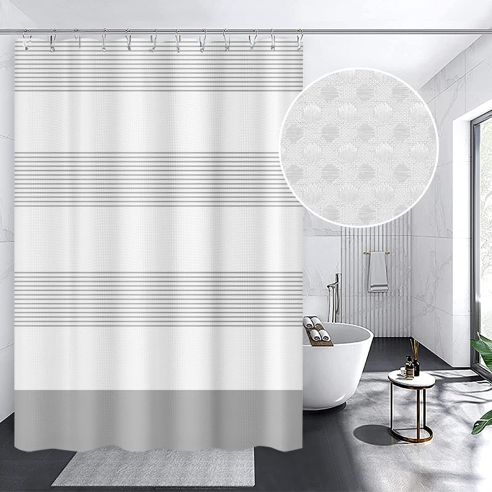White Grey Striped Waffle Shower Curtain Farmhouse Plaid Patchwork Stall Bath Curtain Rustic Boho Neutral Bathtub Curtain for Kids Bathroom Decor