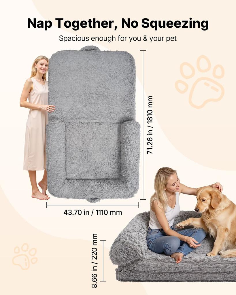 Human Dog Bed, 1810 x 1110 x 240 mm Orthopedic Memory Foam Human Sized Dog Bed, Humans Pet Beds with Side Pocket, Handle & Zipper, Removable