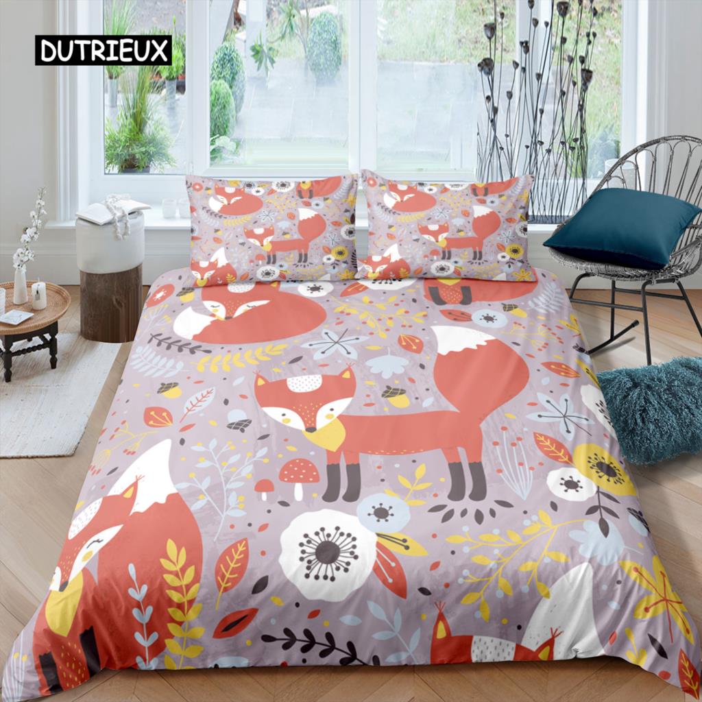 Cartoon Fuchs König Königin Bettbezug Lieblich Orange Tier Floral Bettwäsche Set Kinder Mädchen Blumen Pflanze 2/3tlg. Polyester Steppdeckenbezug