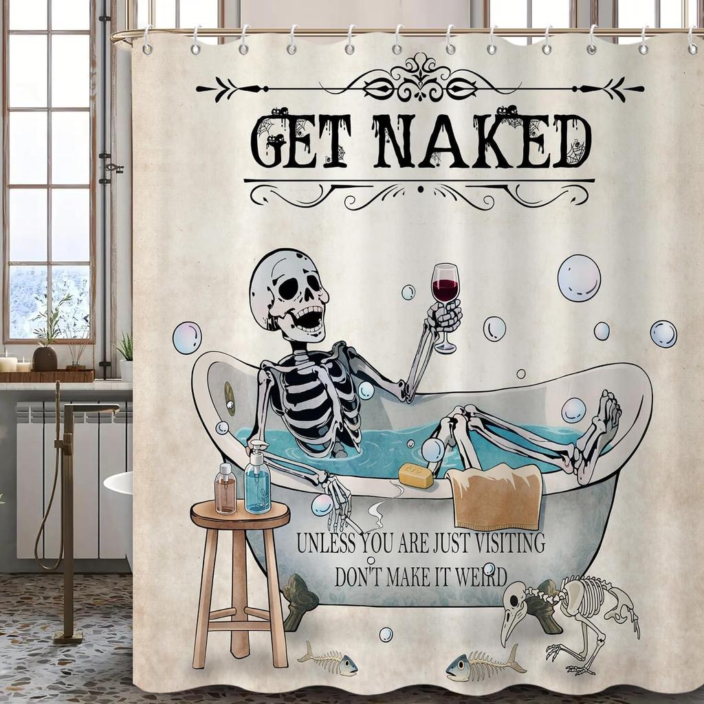 Halloween Shower Curtain, Vintage Gothic Spooky Funny Skull Skeleton Get Naked Bathroom Curtain Home Decor Waterproof Fabric