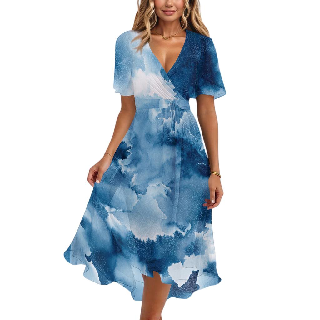 Women's Casual V Neck Short Sleeve Midi Dress Floral Print Wrap Style Lightweight Summer Dress