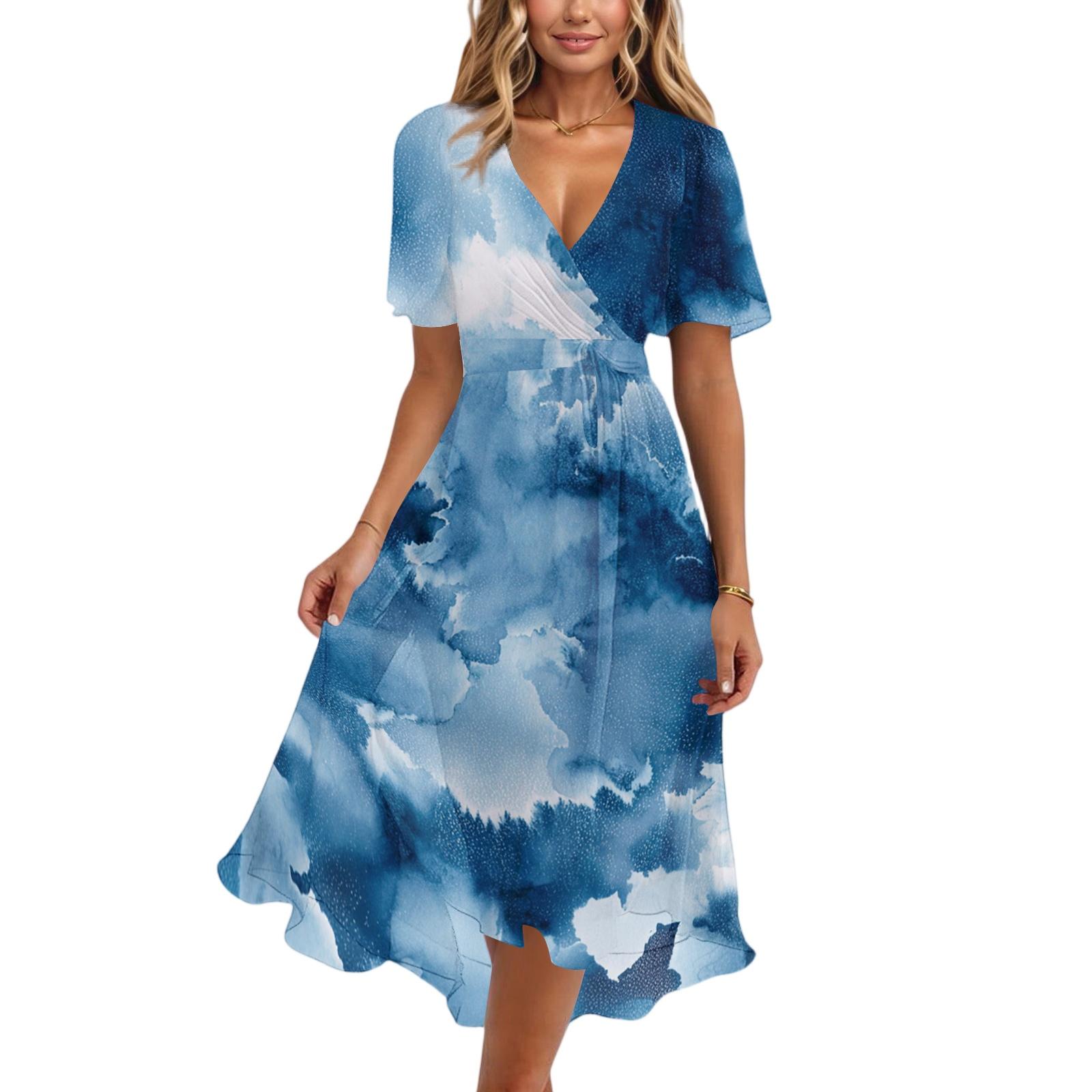 Women s Casual V Neck Short Sleeve Midi Dress Floral Print Wrap Style Lightweight Summer Dress M